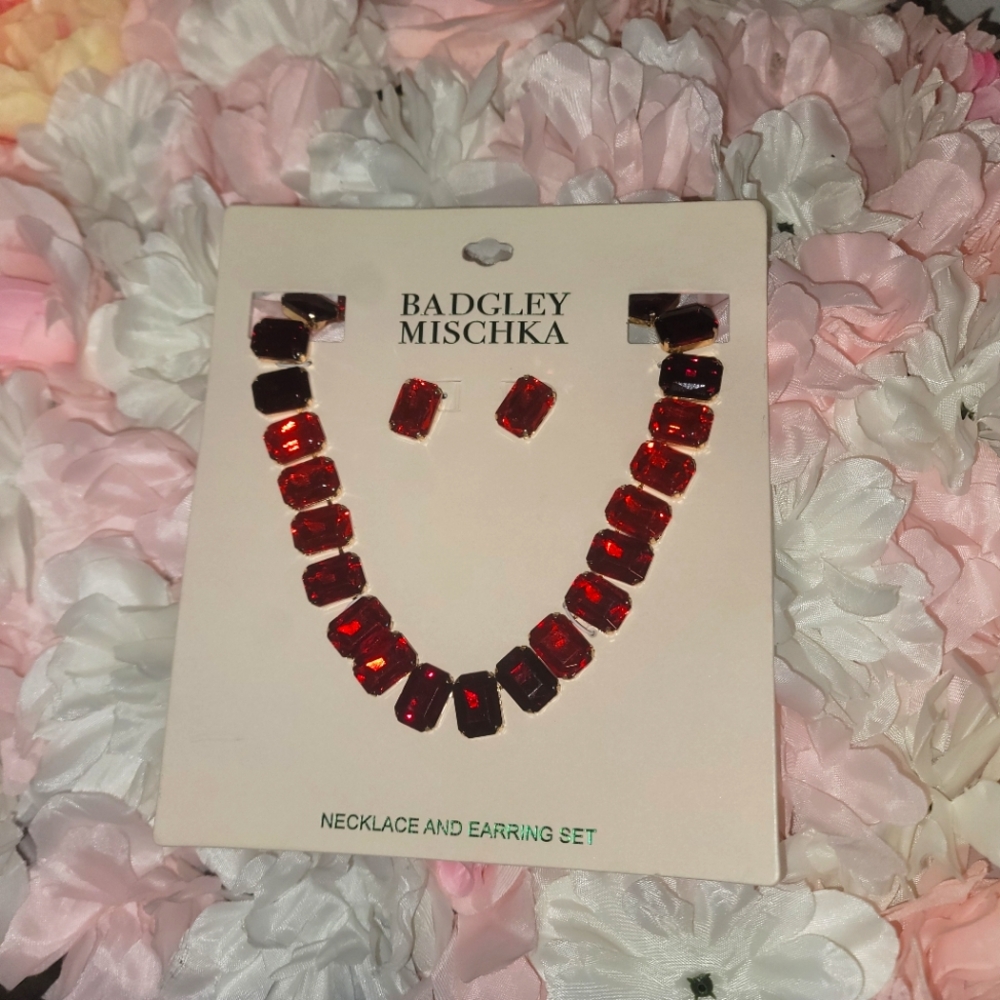 Badgley Mischka red necklace with earrings set NEW